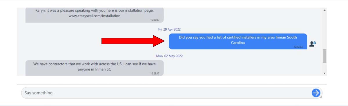 Customer chat example 3 asking for professional Crazy Seal installation