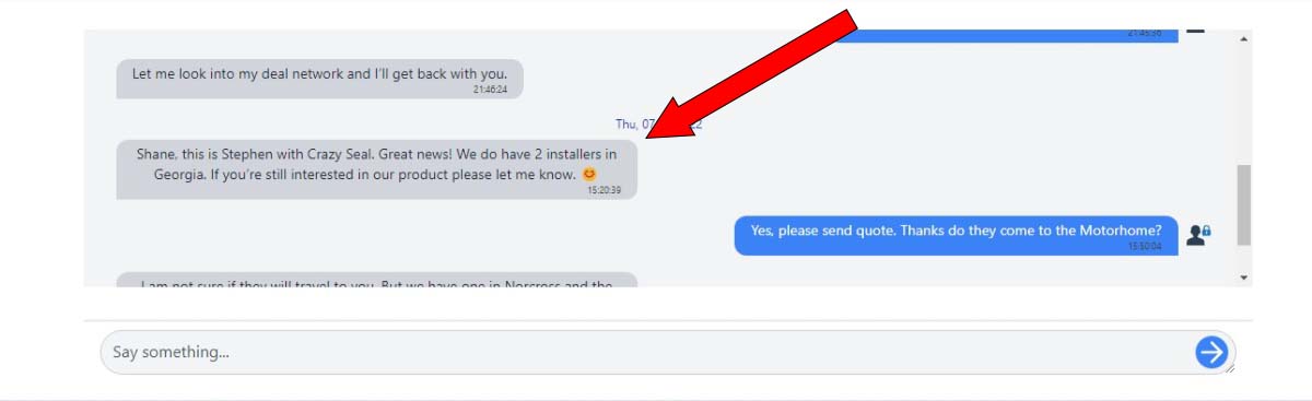 Customer chat example 5 asking for professional Crazy Seal installation